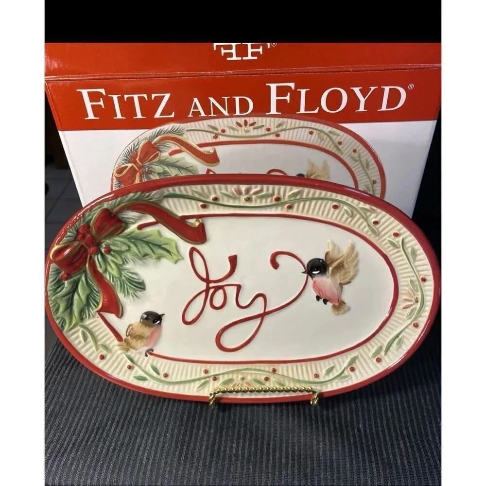 Fitz And Floyd Santa's Forest Friends Joy Christmas Platter Birds Nature Winter